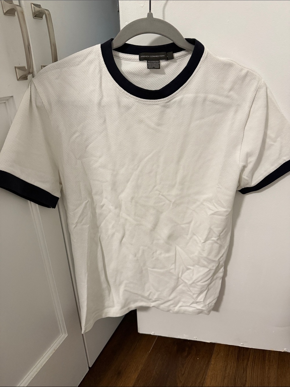 French Connection White Short Sleeve Ringer Tee with Navy Trim